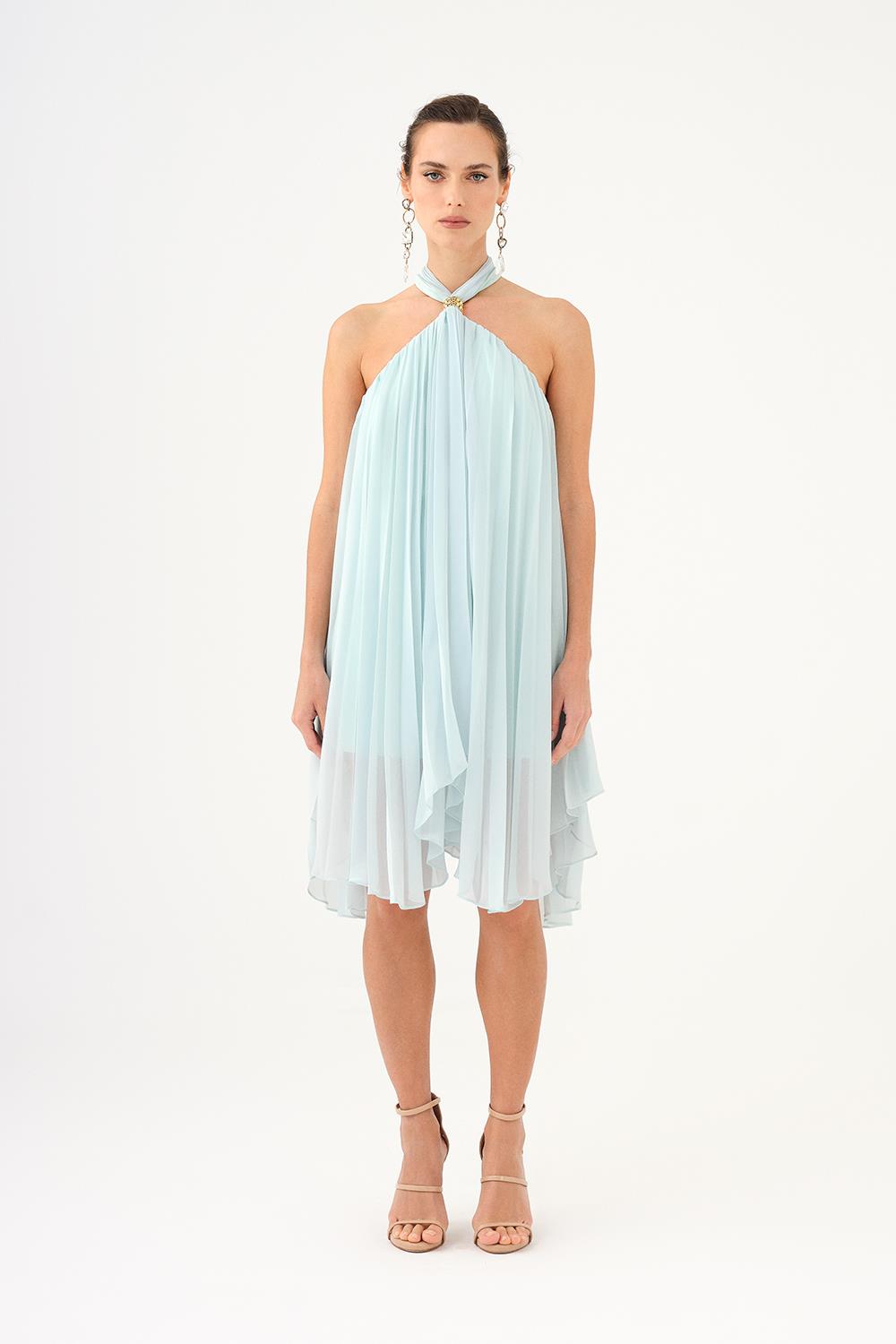 Halter Yaka Broş Detaylı Piliseli Mini Abiye Elbise - 9127C