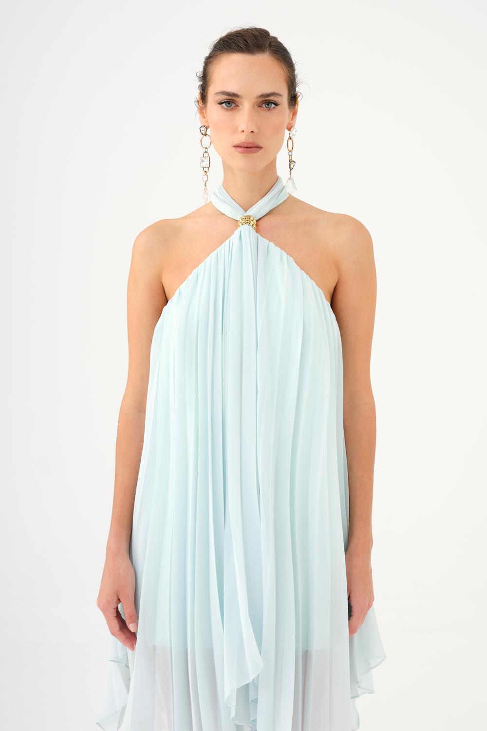 Halter Yaka Broş Detaylı Piliseli Mini Abiye Elbise - 9127C