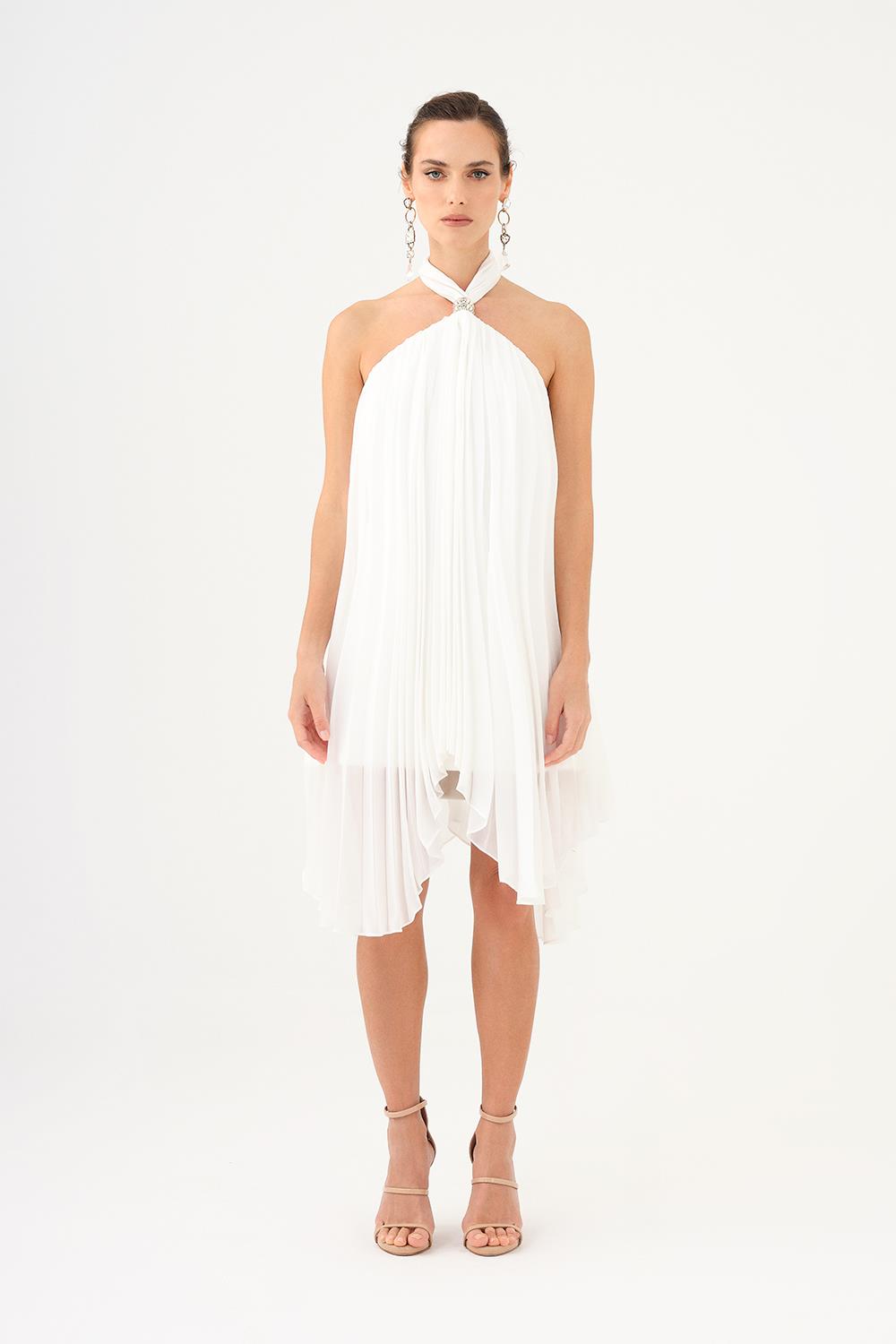 Halter Yaka Broş Detaylı Piliseli Mini Abiye Elbise - 9127C