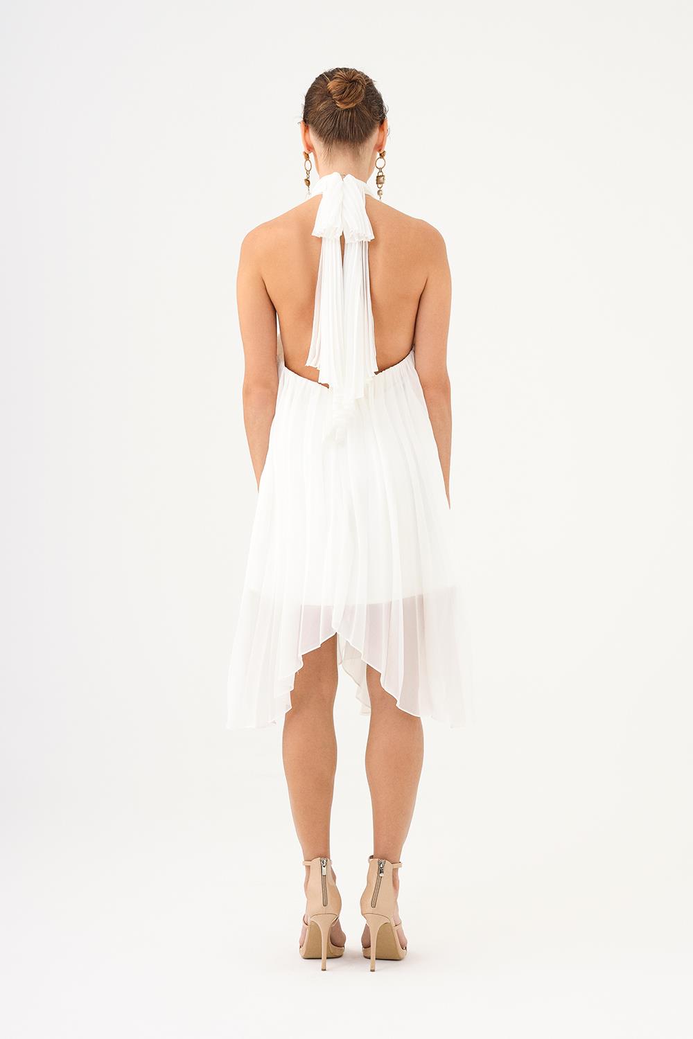 Halter Yaka Broş Detaylı Piliseli Mini Abiye Elbise - 9127C