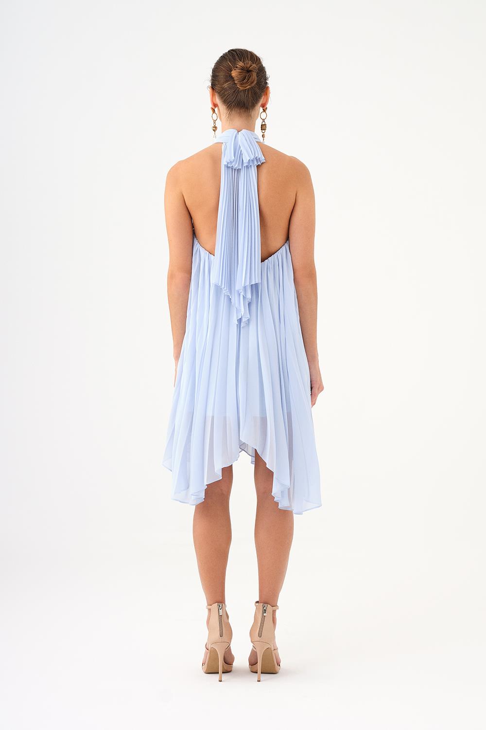 Halter Yaka Broş Detaylı Piliseli Mini Abiye Elbise - 9127C