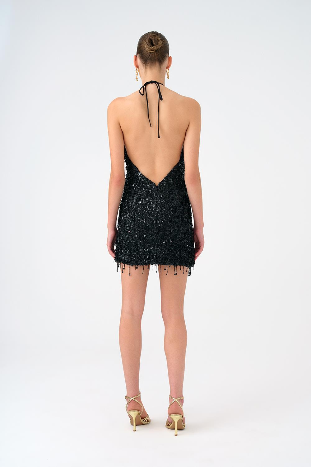 Boyundan Askılı Taşlı Mini Abiye Elbise - 9186C