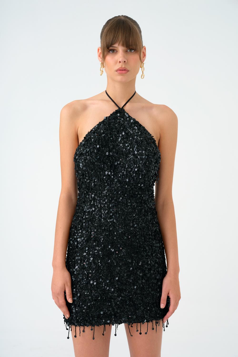 Boyundan Askılı Taşlı Mini Abiye Elbise - 9186C