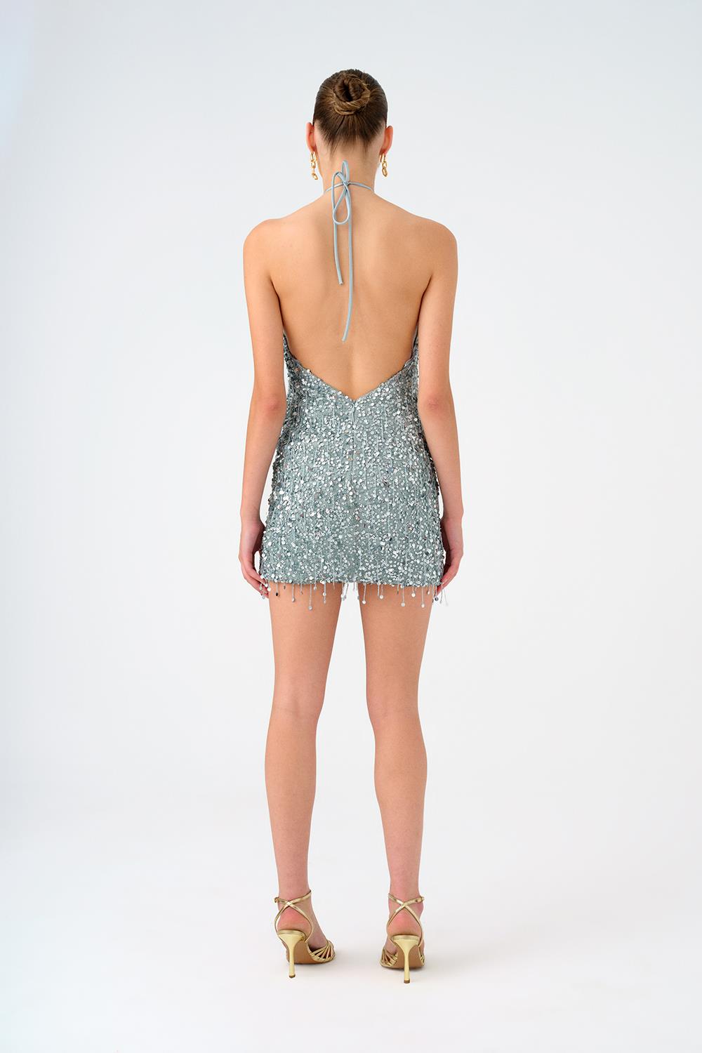 Boyundan Askılı Taşlı Mini Abiye Elbise - 9186C