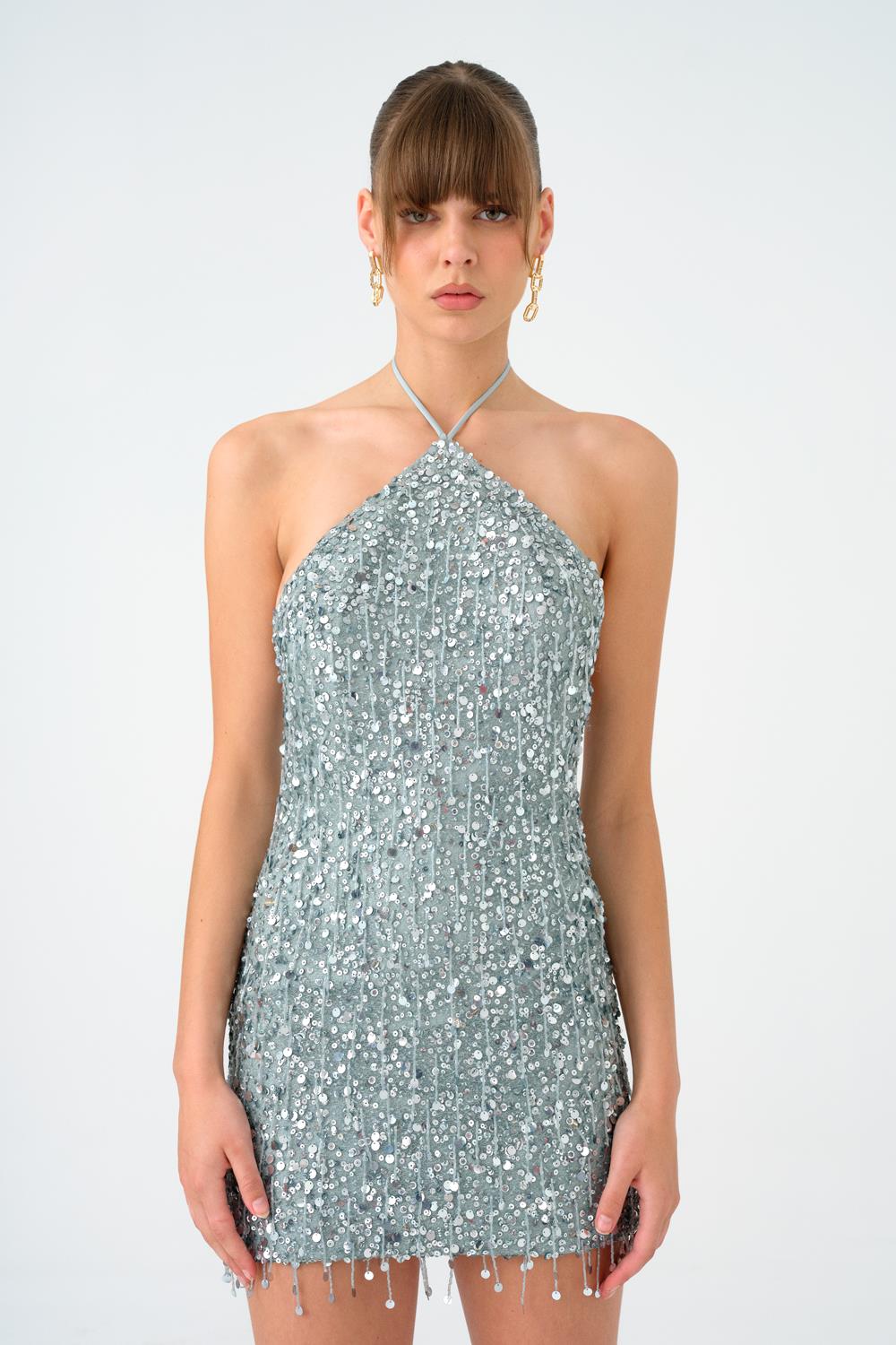 Boyundan Askılı Taşlı Mini Abiye Elbise - 9186C