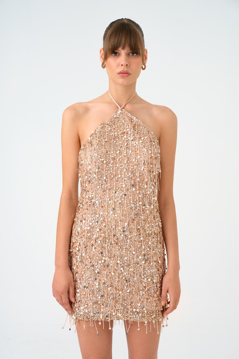 Boyundan Askılı Taşlı Mini Abiye Elbise - 9186C