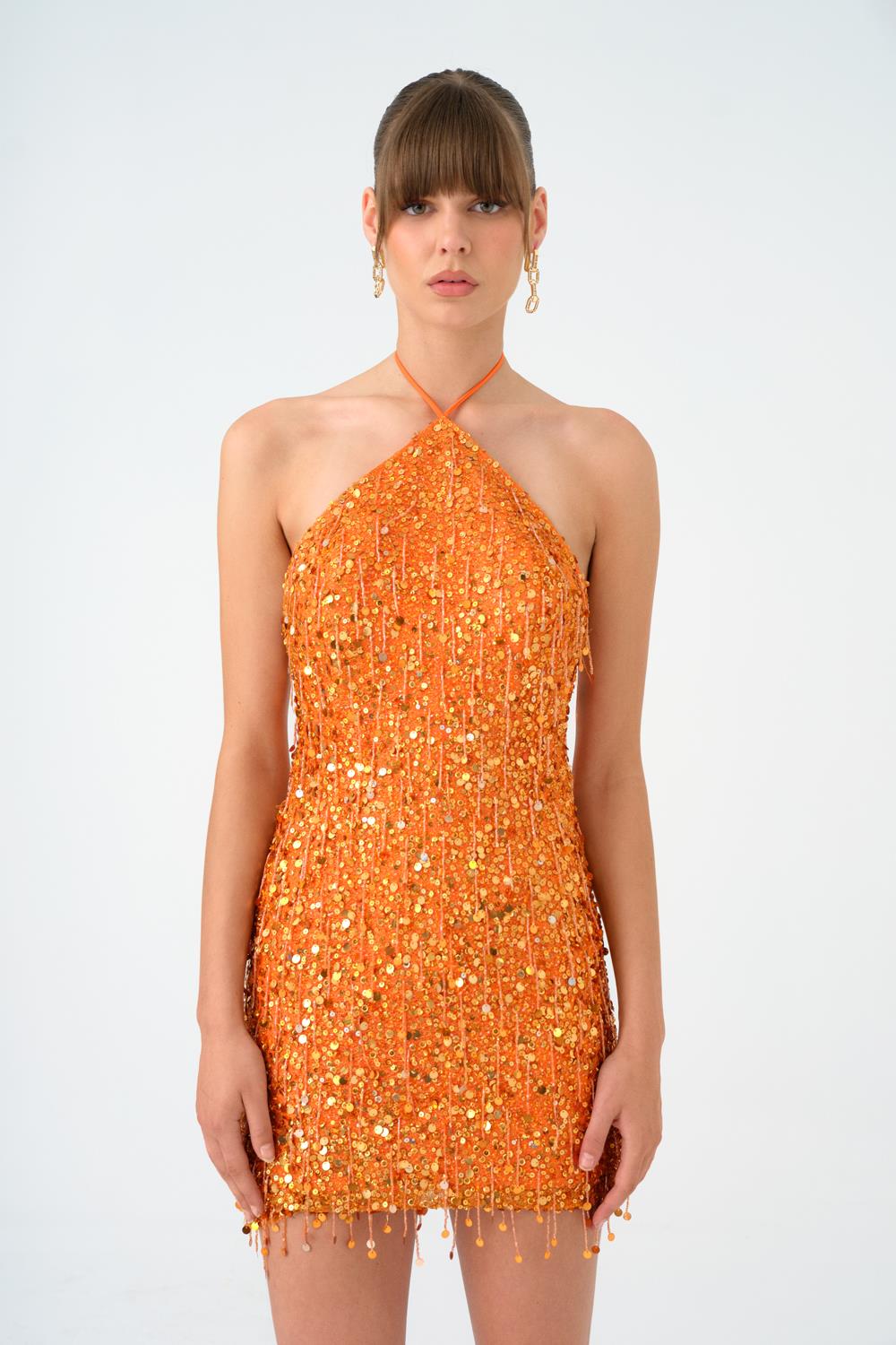 Boyundan Askılı Taşlı Mini Abiye Elbise - 9186C