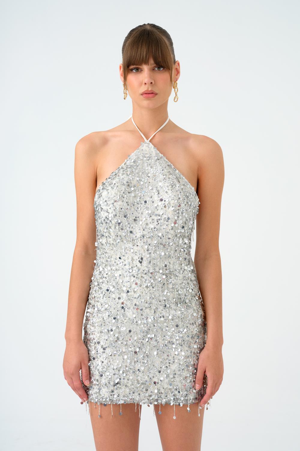 Boyundan Askılı Taşlı Mini Abiye Elbise - 9186C