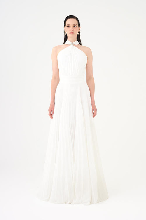 Broş Detaylı Halter Yaka Piliseli Uzun Abiye Elbise - 9097C