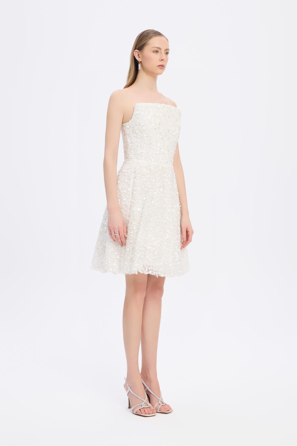 Payet İşlemeli Straplez Mini Abiye Elbise - 5130C