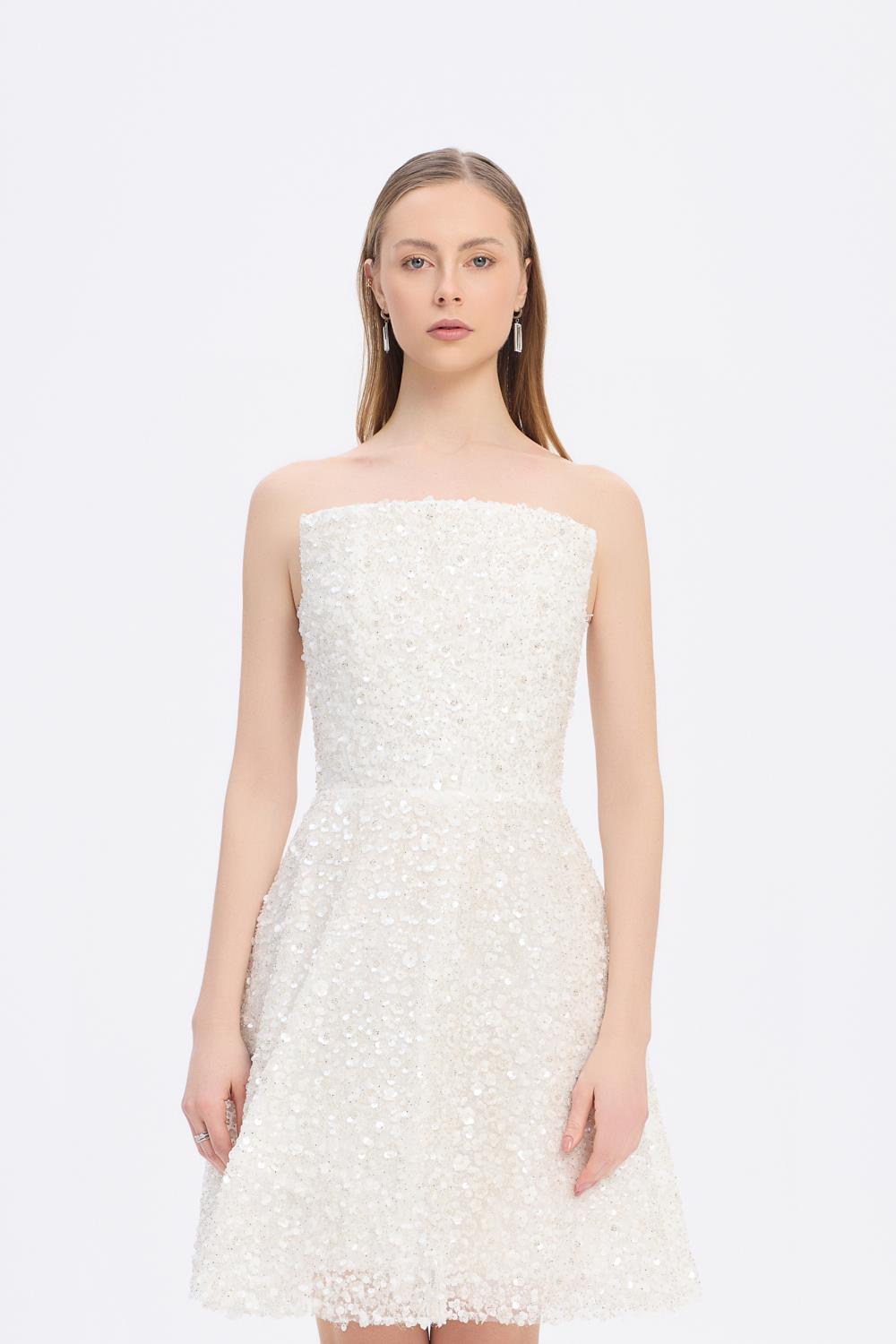 Payet İşlemeli Straplez Mini Abiye Elbise - 5130C