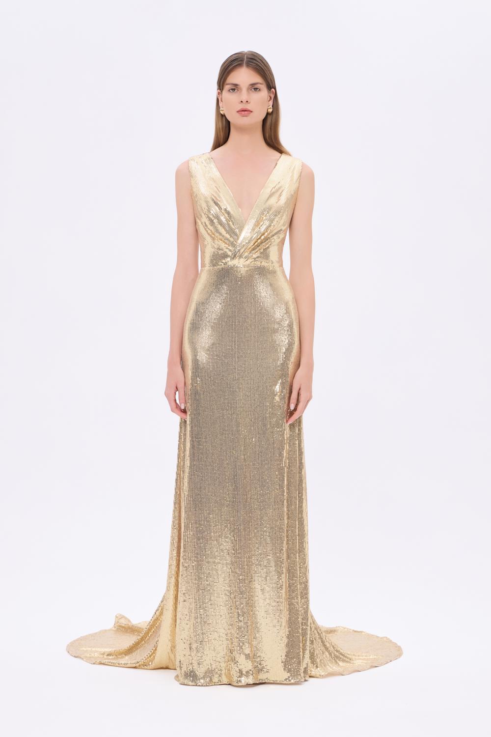 Sırt Dekolte Detaylı Payet Uzun Abiye Elbise - 9201C