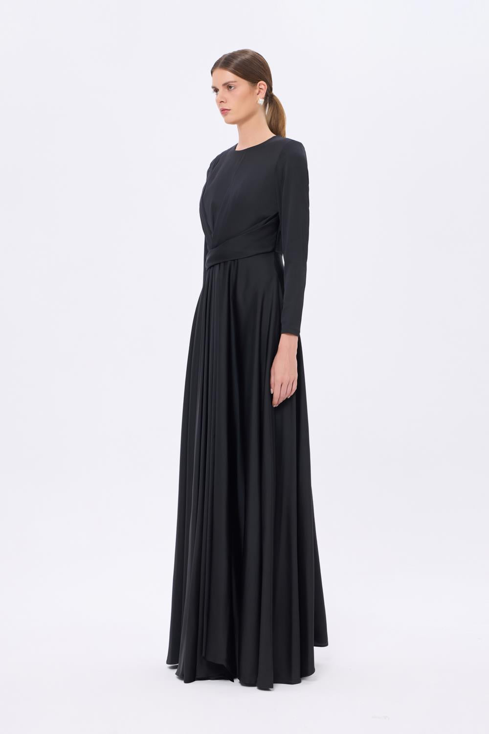 Bel Drape Detaylı Uzun Kollu Uzun Abiye Elbise - 9208C