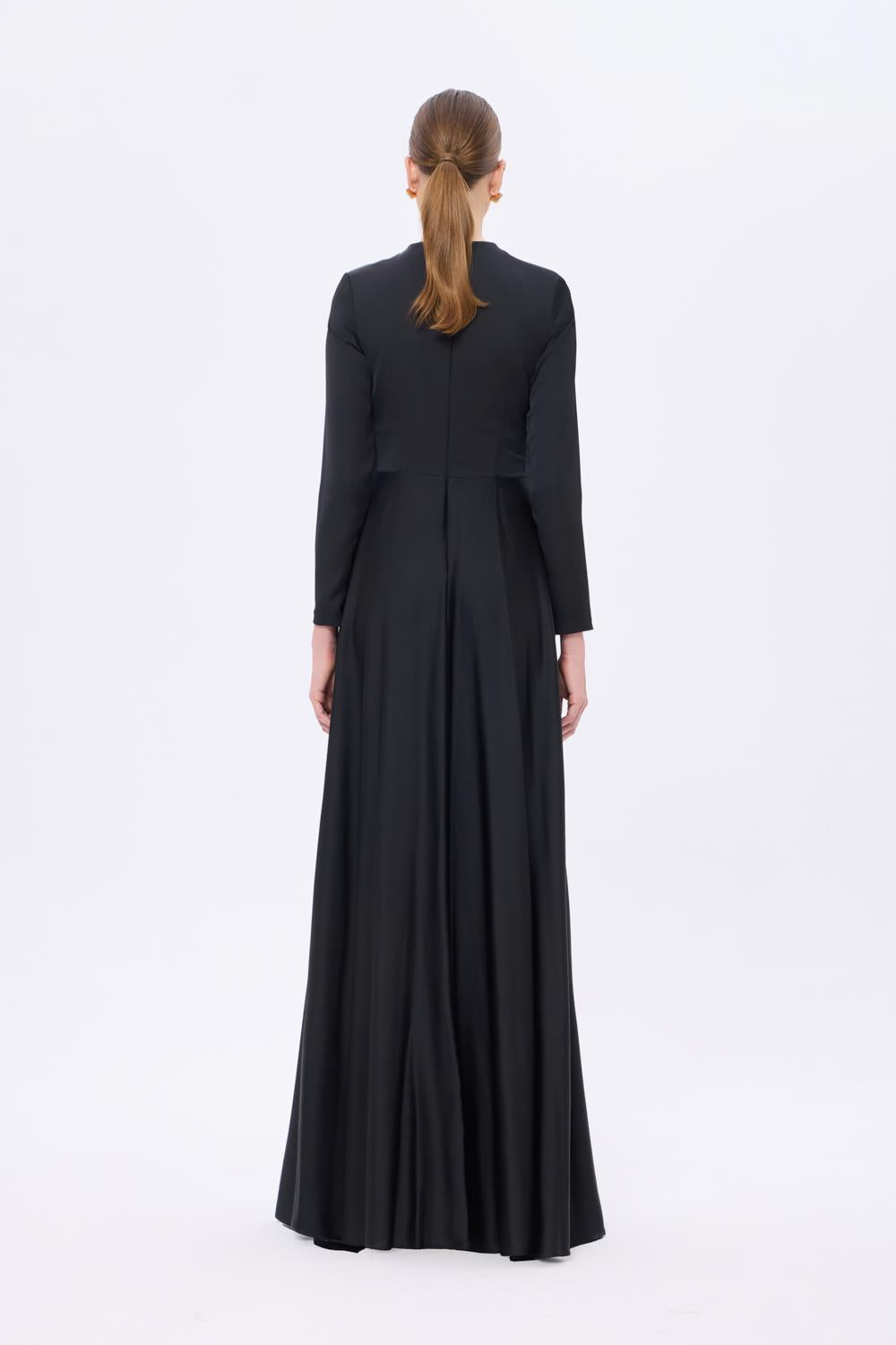 Bel Drape Detaylı Uzun Kollu Uzun Abiye Elbise - 9208C