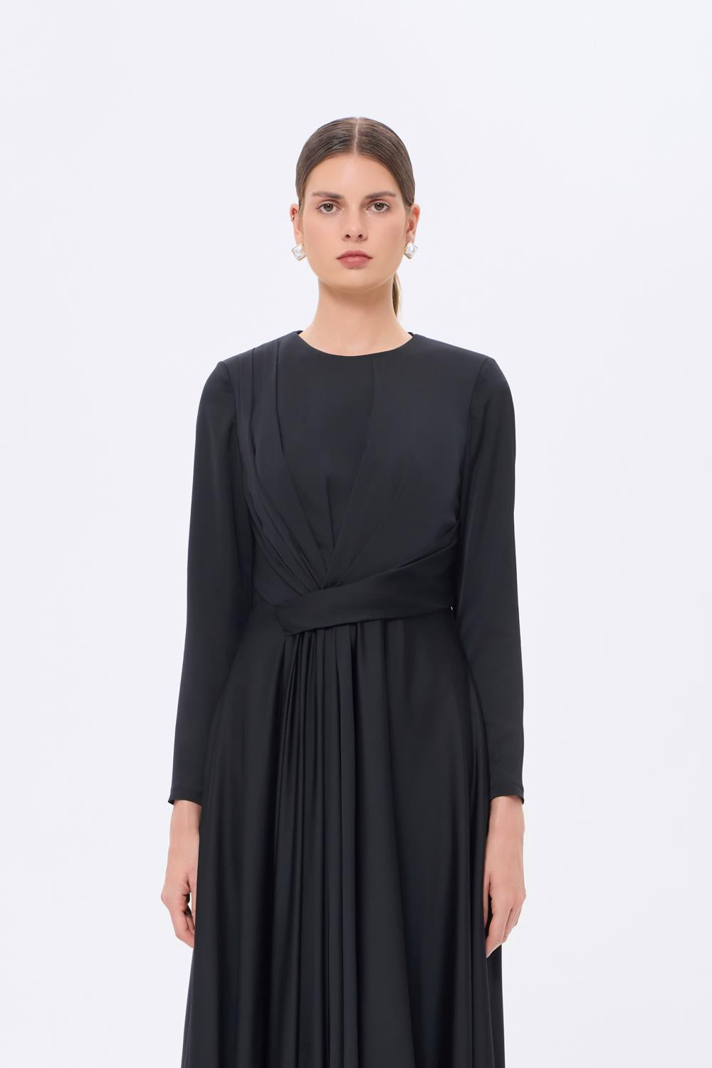 Bel Drape Detaylı Uzun Kollu Uzun Abiye Elbise - 9208C