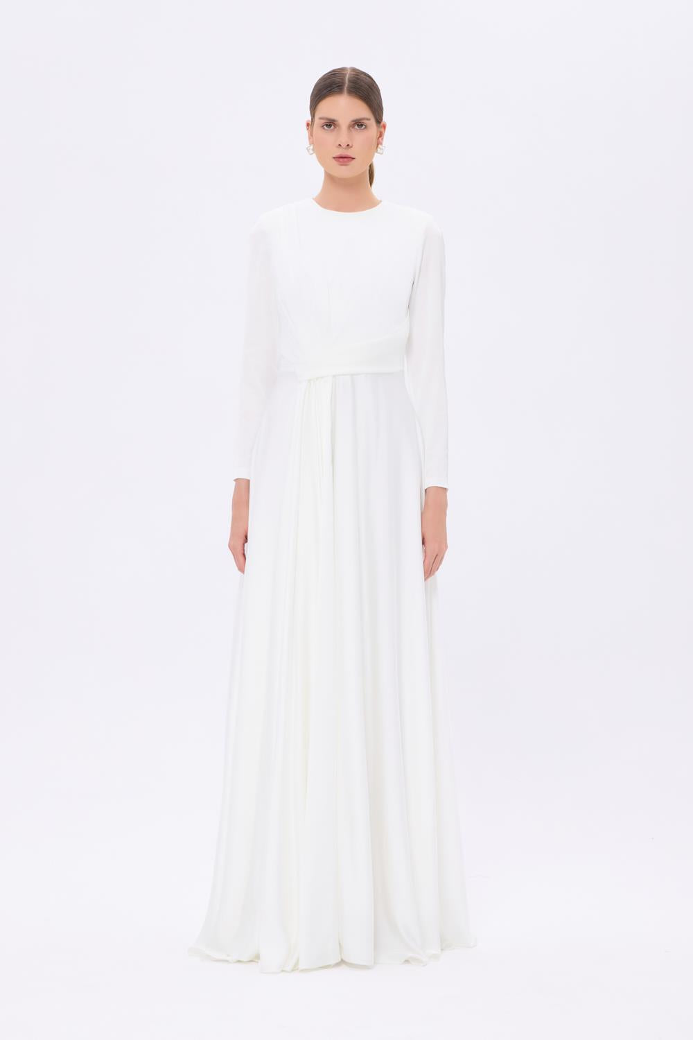 Bel Drape Detaylı Uzun Kollu Uzun Abiye Elbise - 9208C