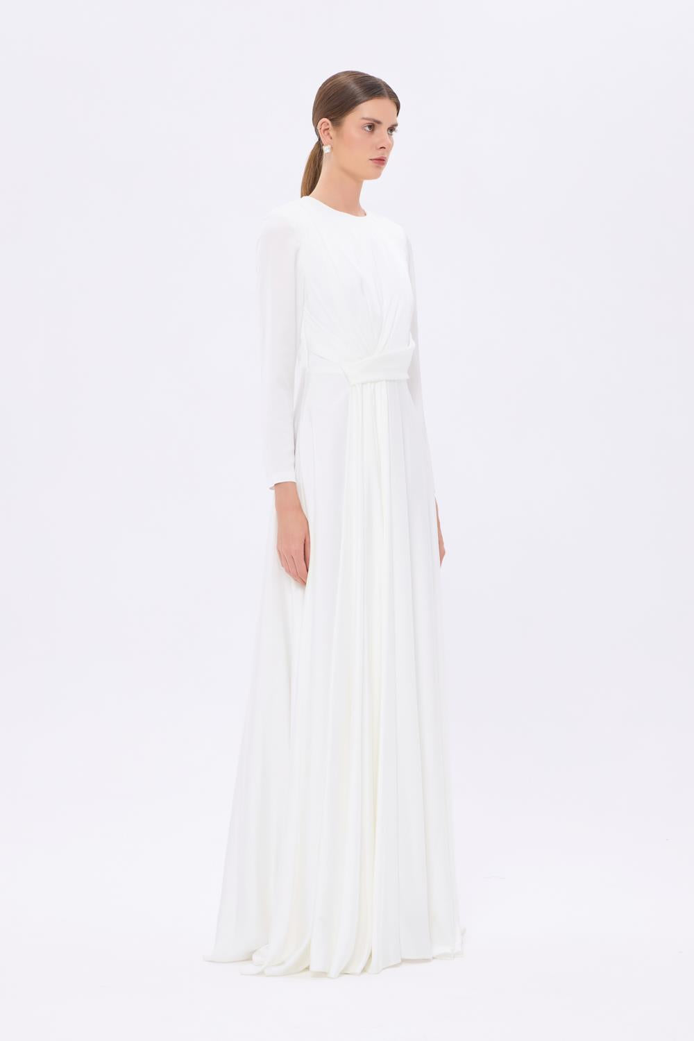 Bel Drape Detaylı Uzun Kollu Uzun Abiye Elbise - 9208C