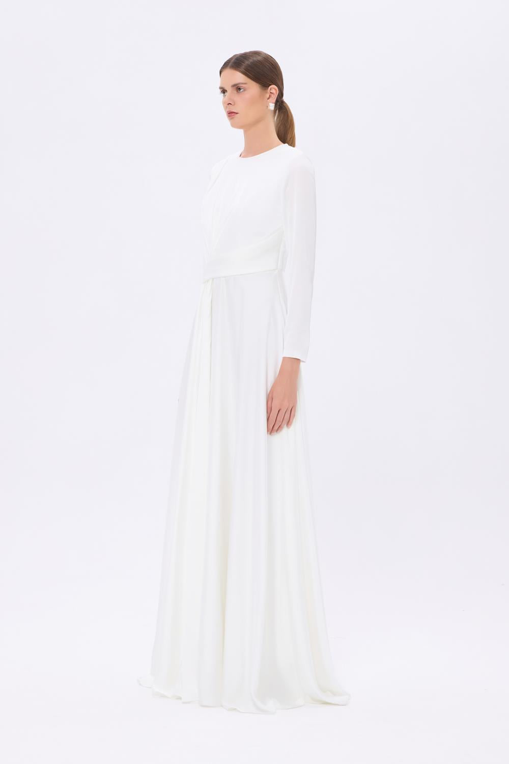 Bel Drape Detaylı Uzun Kollu Uzun Abiye Elbise - 9208C