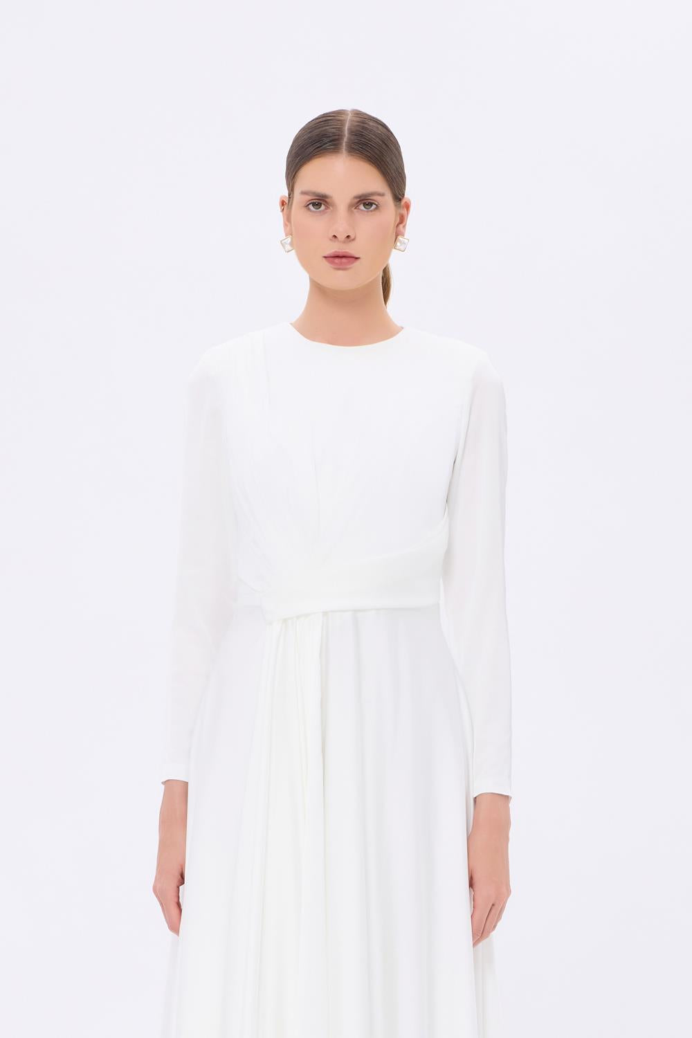 Bel Drape Detaylı Uzun Kollu Uzun Abiye Elbise - 9208C