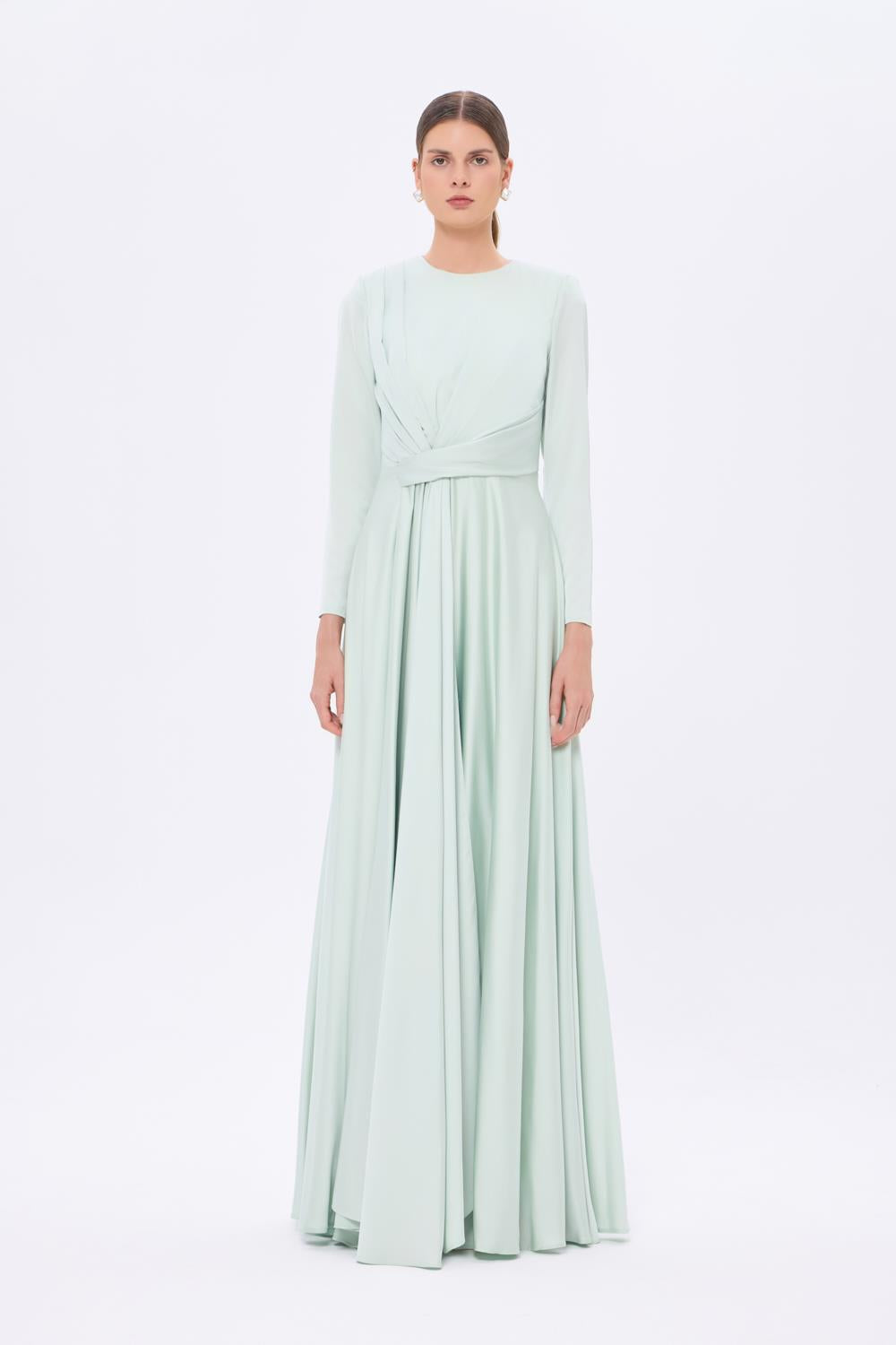 Bel Drape Detaylı Uzun Kollu Uzun Abiye Elbise - 9208C