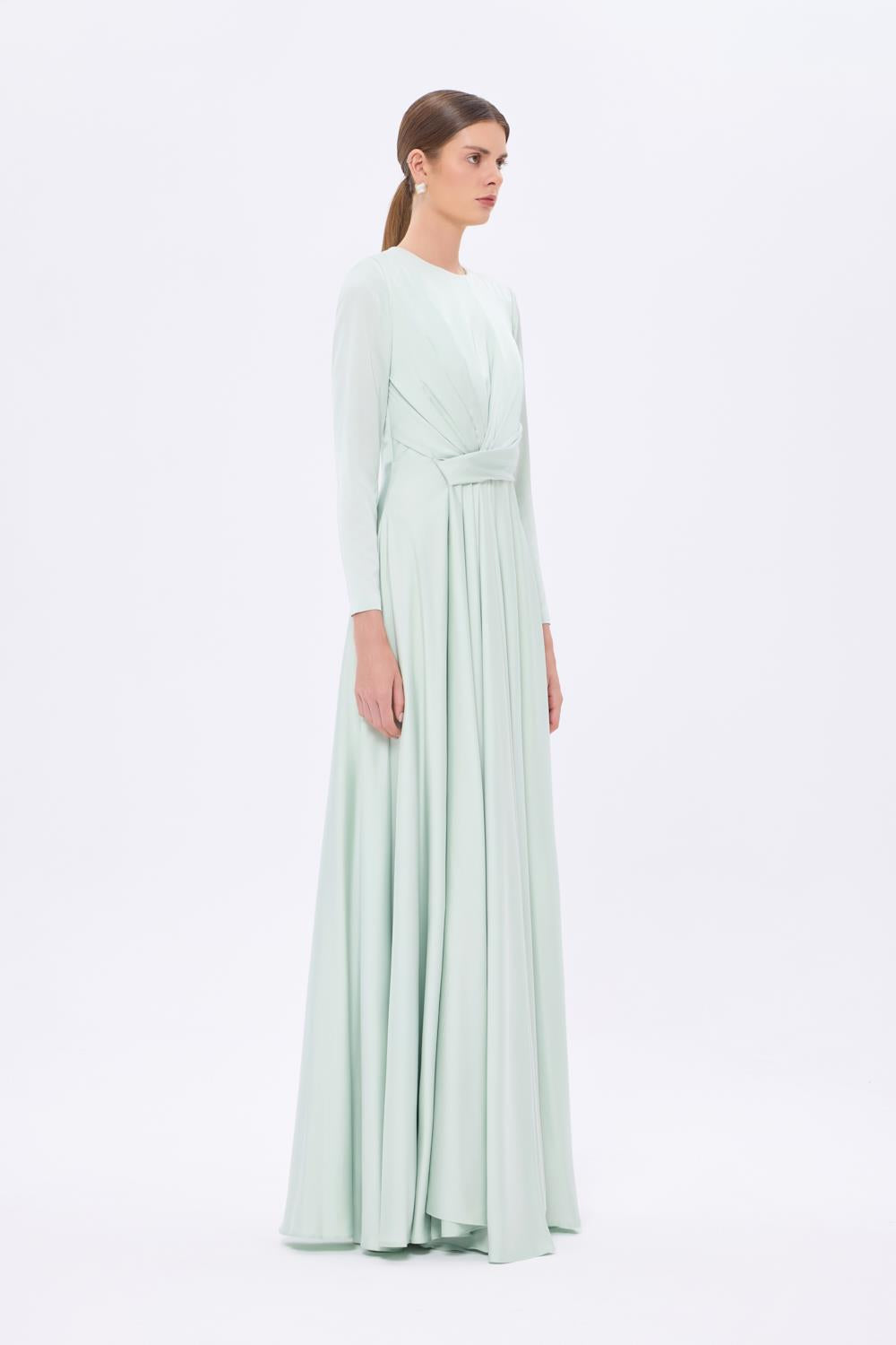 Bel Drape Detaylı Uzun Kollu Uzun Abiye Elbise - 9208C