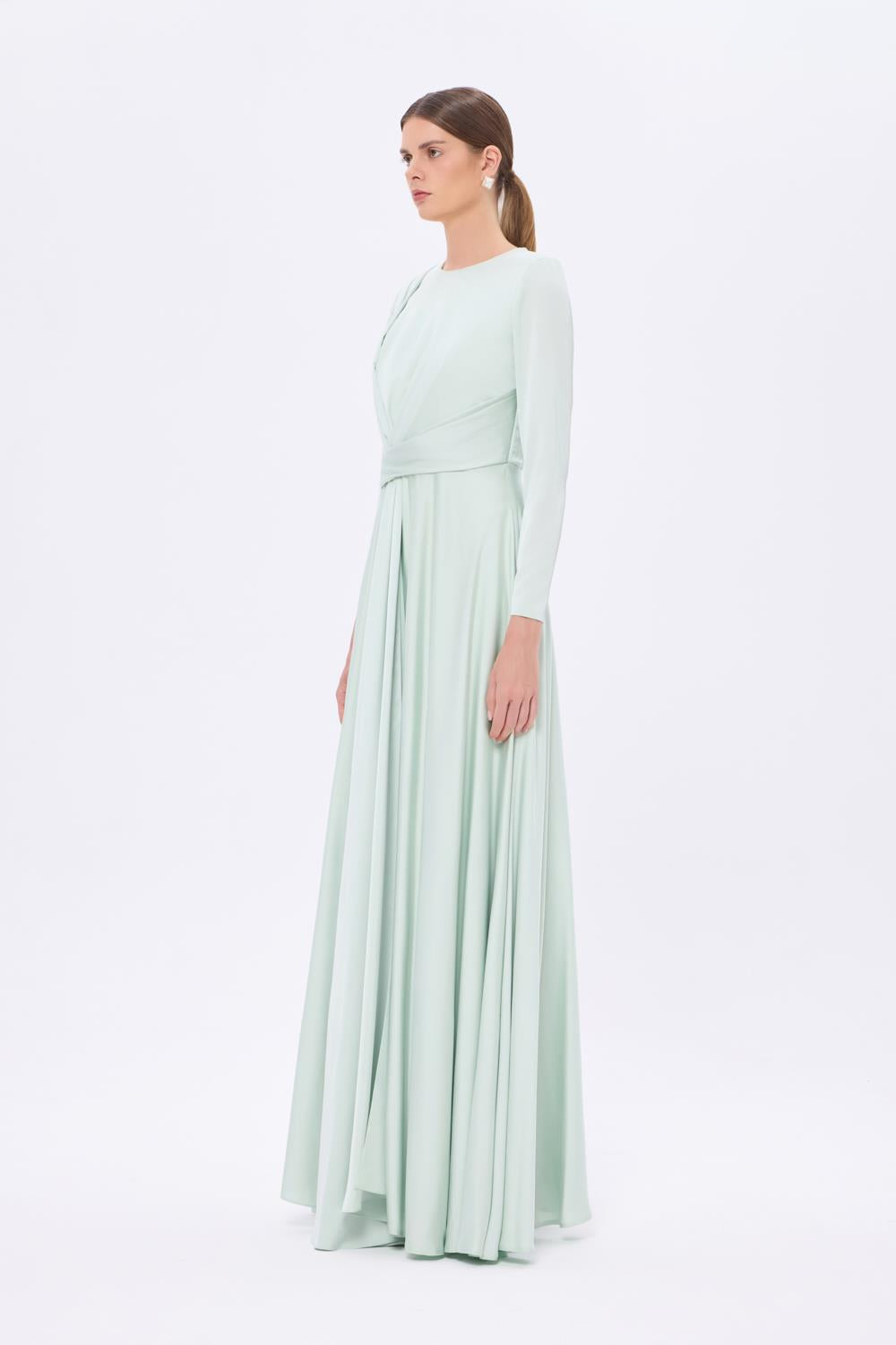 Bel Drape Detaylı Uzun Kollu Uzun Abiye Elbise - 9208C