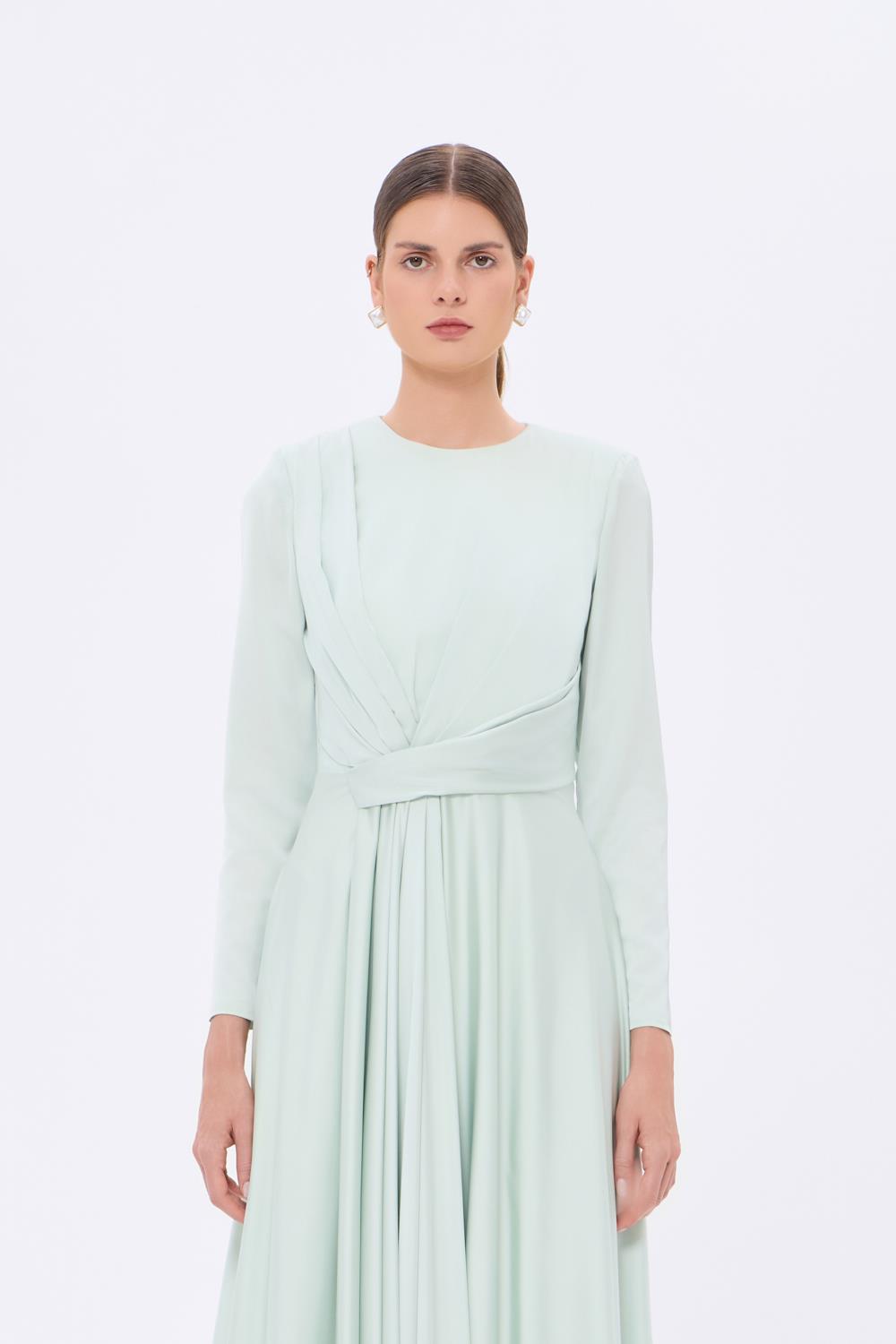 Bel Drape Detaylı Uzun Kollu Uzun Abiye Elbise - 9208C