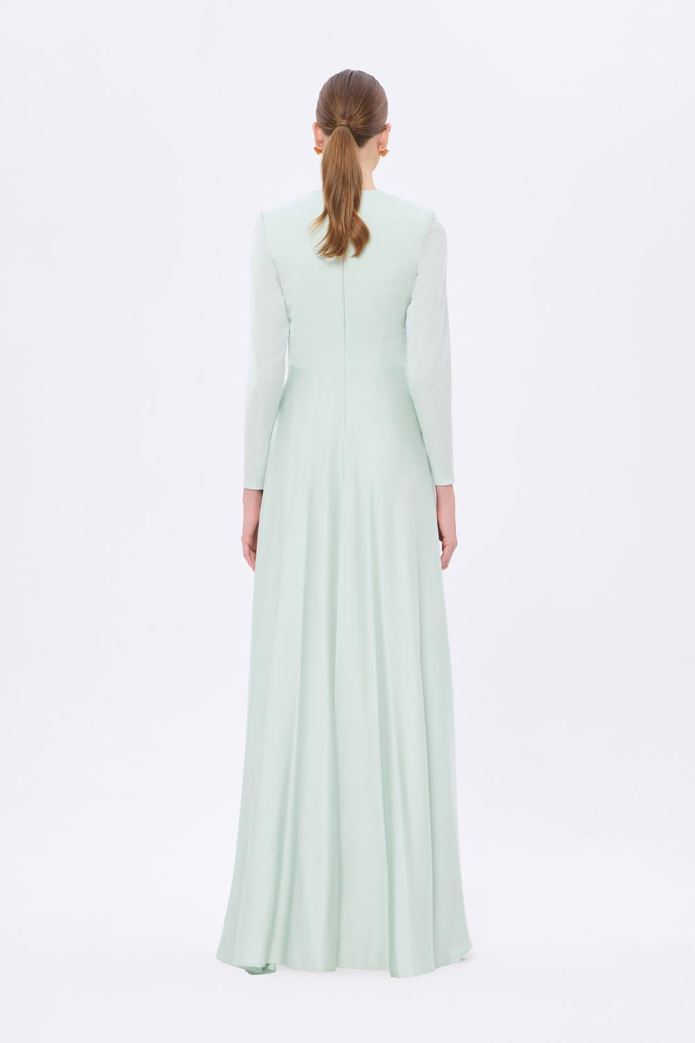 Bel Drape Detaylı Uzun Kollu Uzun Abiye Elbise - 9208C