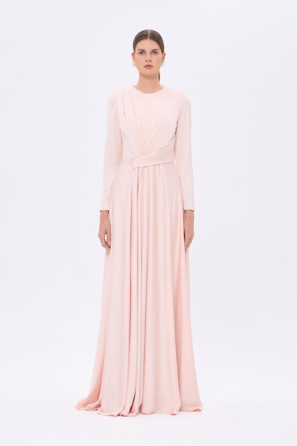 Bel Drape Detaylı Uzun Kollu Uzun Abiye Elbise - 9208C