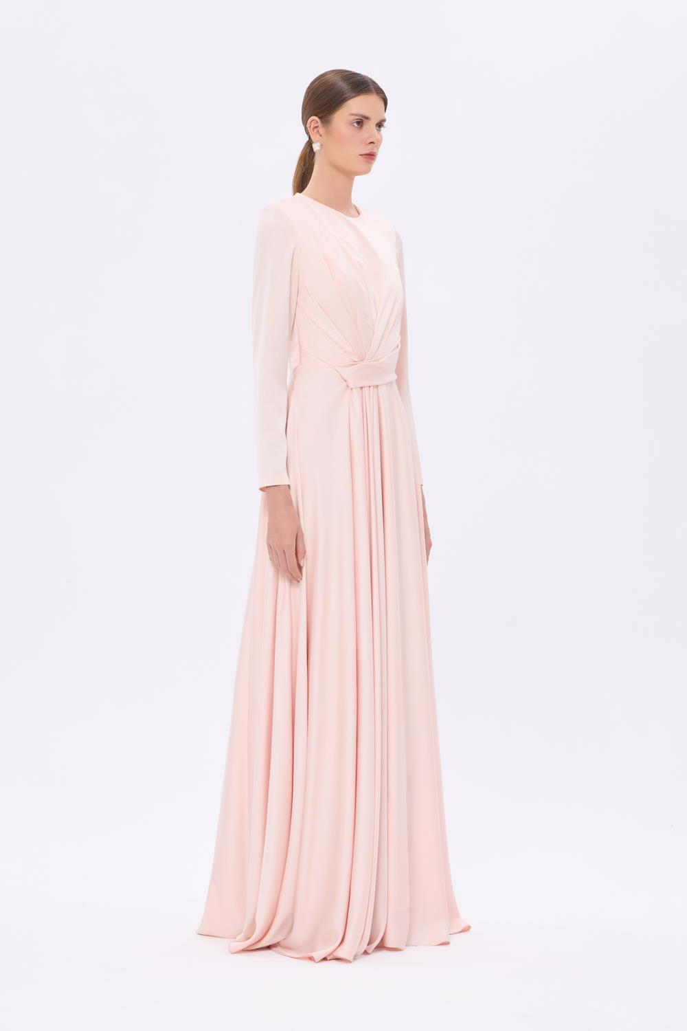 Bel Drape Detaylı Uzun Kollu Uzun Abiye Elbise - 9208C