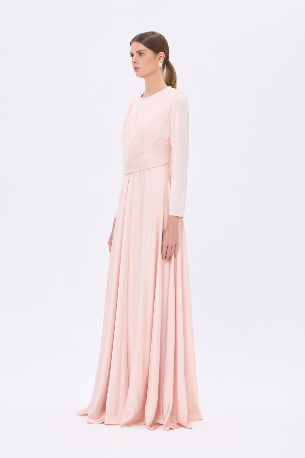 Bel Drape Detaylı Uzun Kollu Uzun Abiye Elbise - 9208C