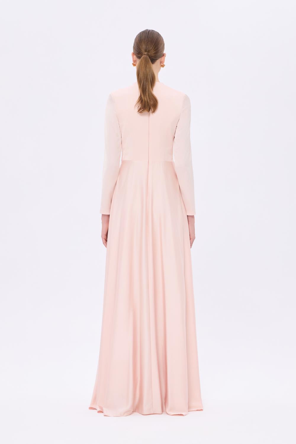 Bel Drape Detaylı Uzun Kollu Uzun Abiye Elbise - 9208C