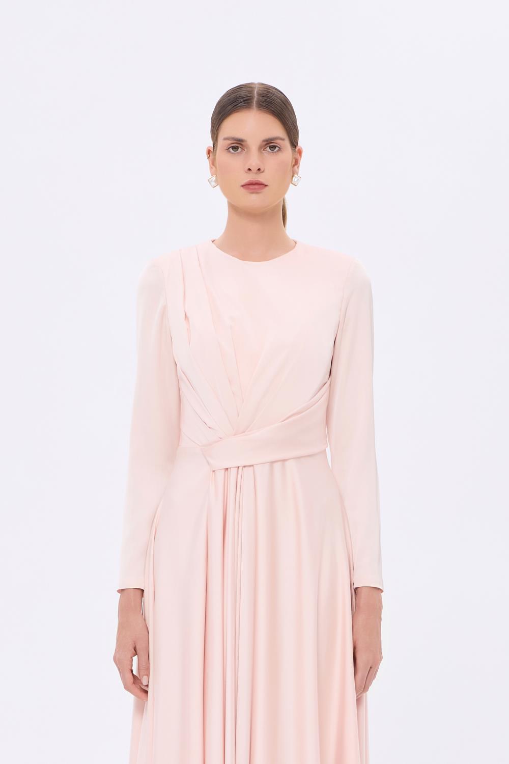 Bel Drape Detaylı Uzun Kollu Uzun Abiye Elbise - 9208C