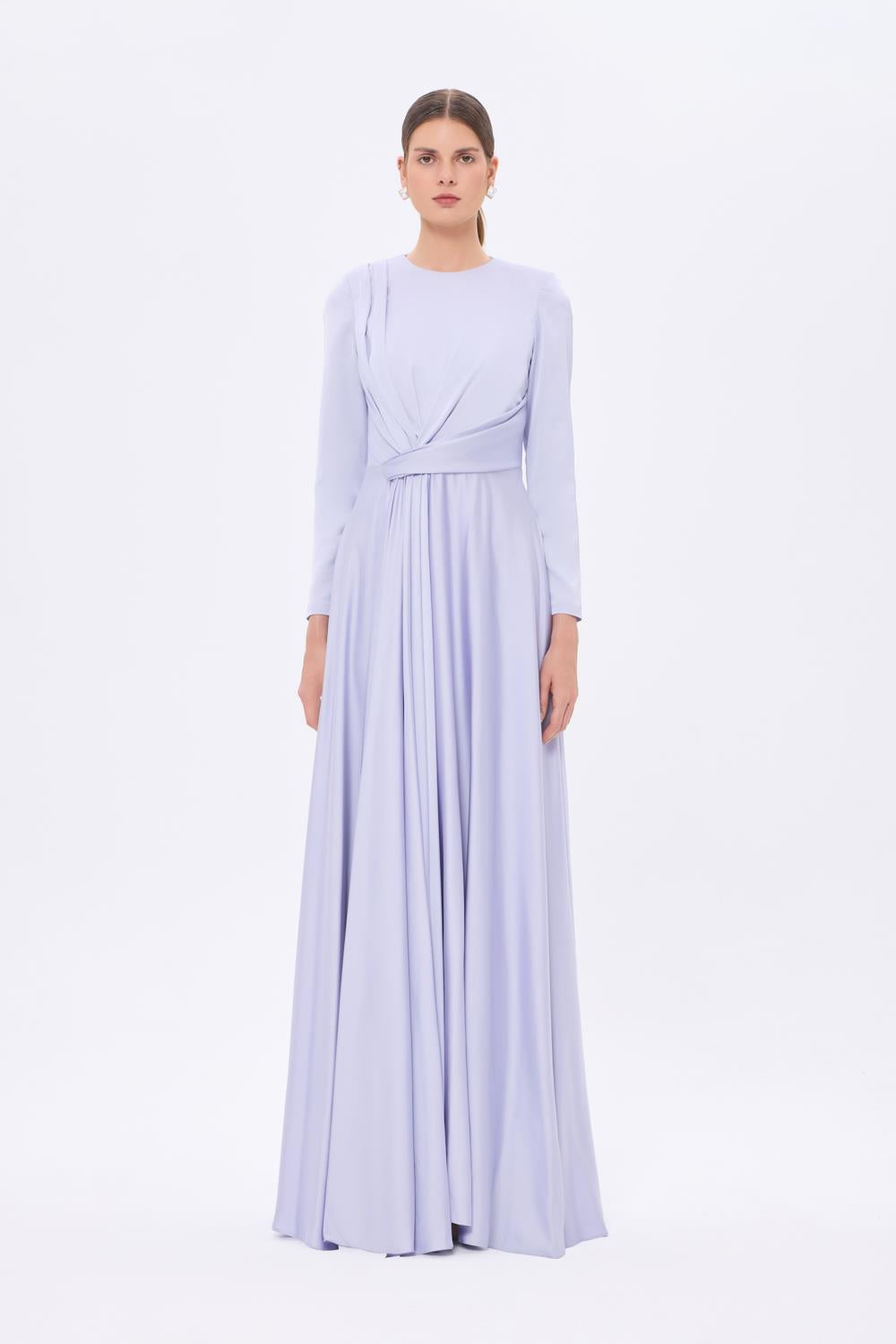 Bel Drape Detaylı Uzun Kollu Uzun Abiye Elbise - 9208C