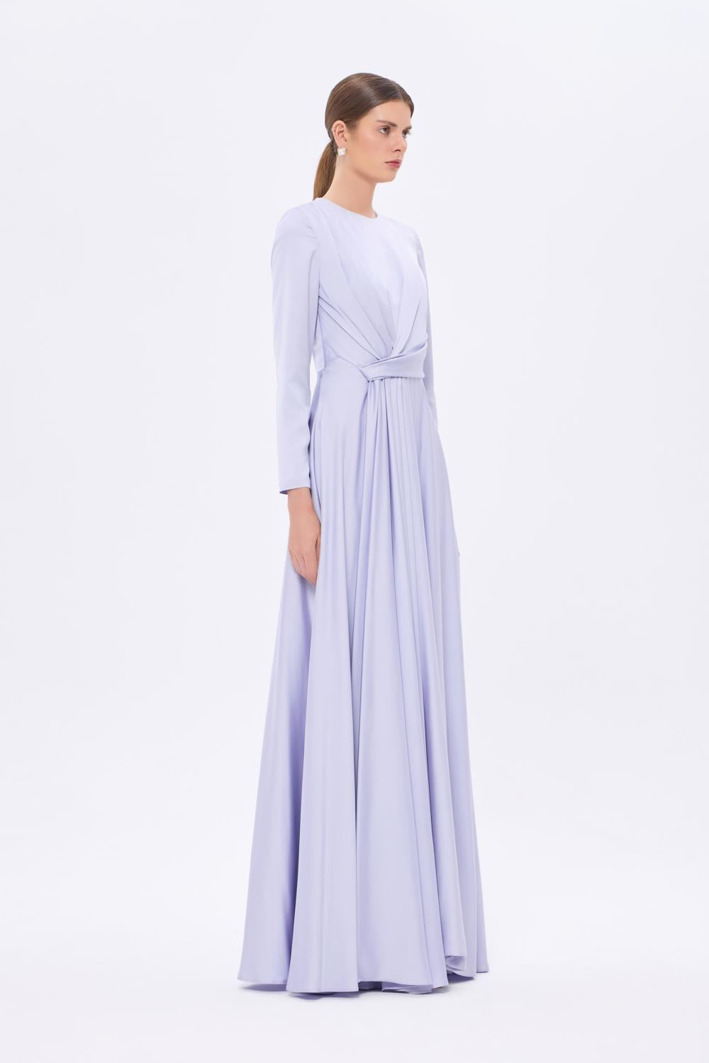 Bel Drape Detaylı Uzun Kollu Uzun Abiye Elbise - 9208C