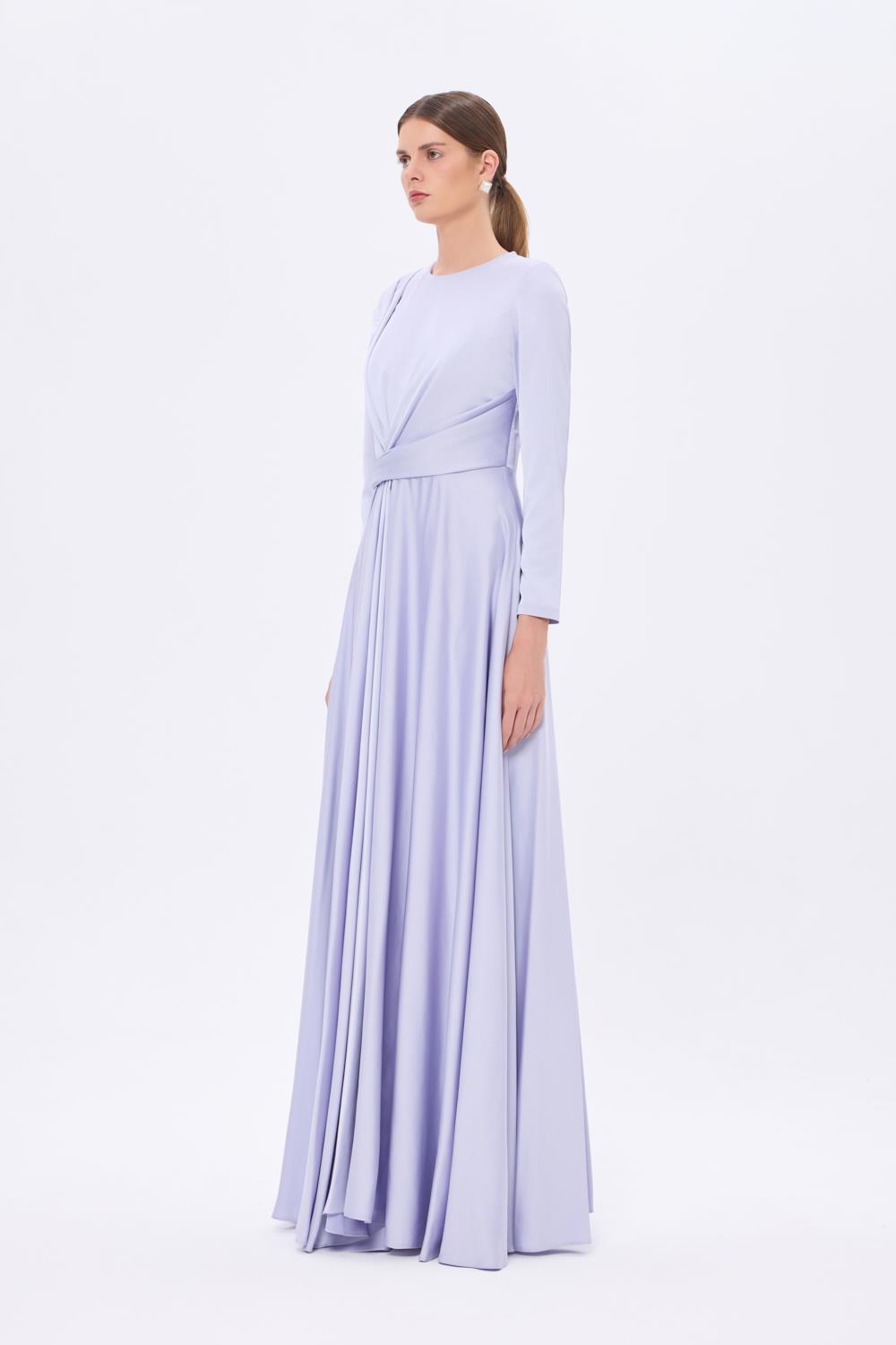 Bel Drape Detaylı Uzun Kollu Uzun Abiye Elbise - 9208C