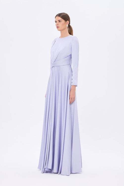 Bel Drape Detaylı Uzun Kollu Uzun Abiye Elbise - 9208C