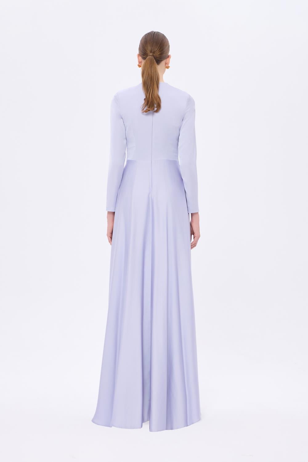 Bel Drape Detaylı Uzun Kollu Uzun Abiye Elbise - 9208C