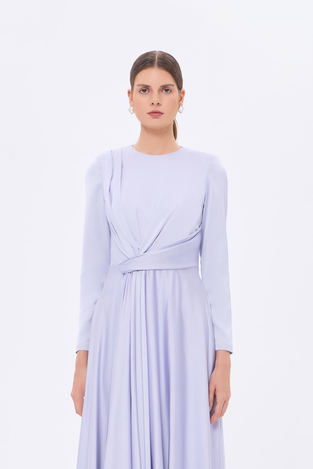 Bel Drape Detaylı Uzun Kollu Uzun Abiye Elbise - 9208C