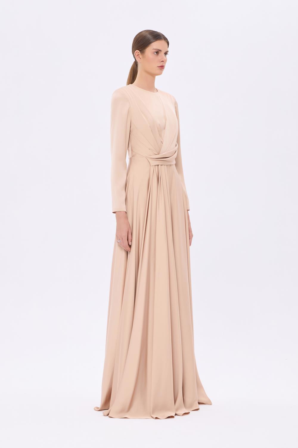 Bel Drape Detaylı Uzun Kollu Uzun Abiye Elbise - 9208C