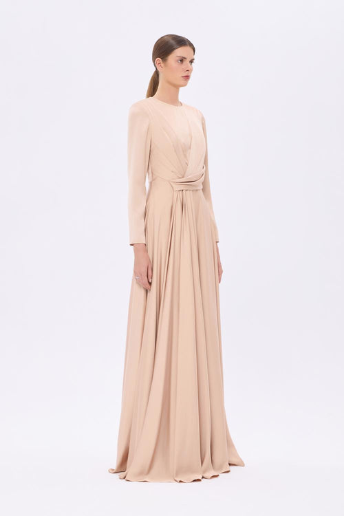Bel Drape Detaylı Uzun Kollu Uzun Abiye Elbise - 9208C