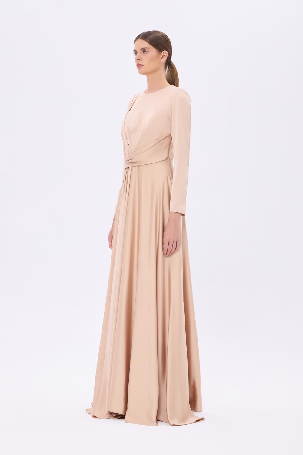 Bel Drape Detaylı Uzun Kollu Uzun Abiye Elbise - 9208C