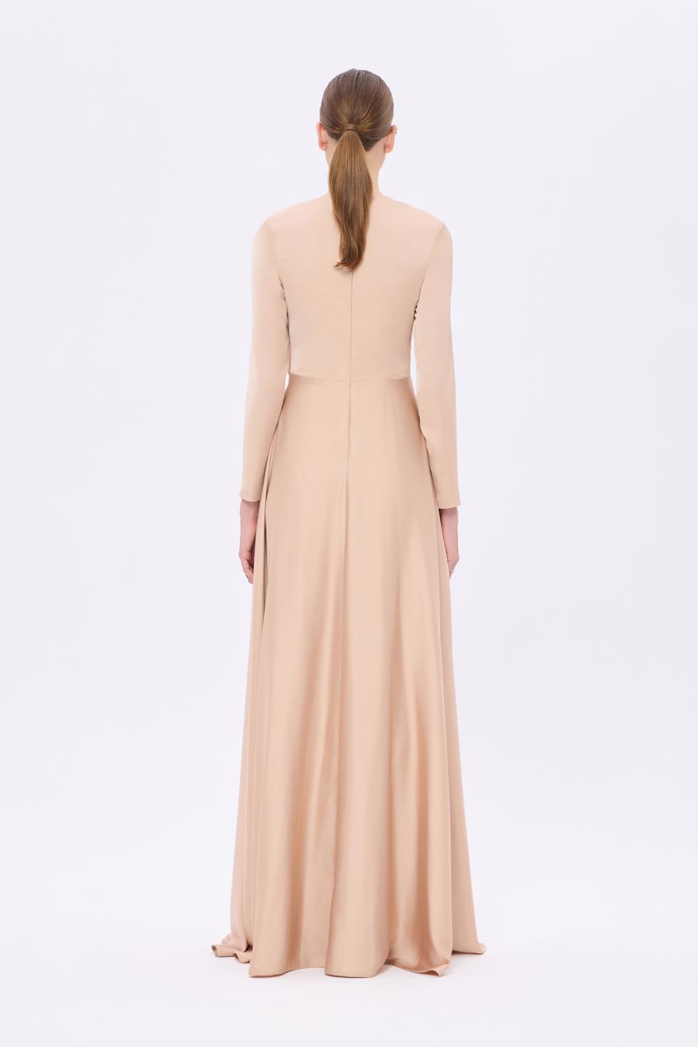 Bel Drape Detaylı Uzun Kollu Uzun Abiye Elbise - 9208C