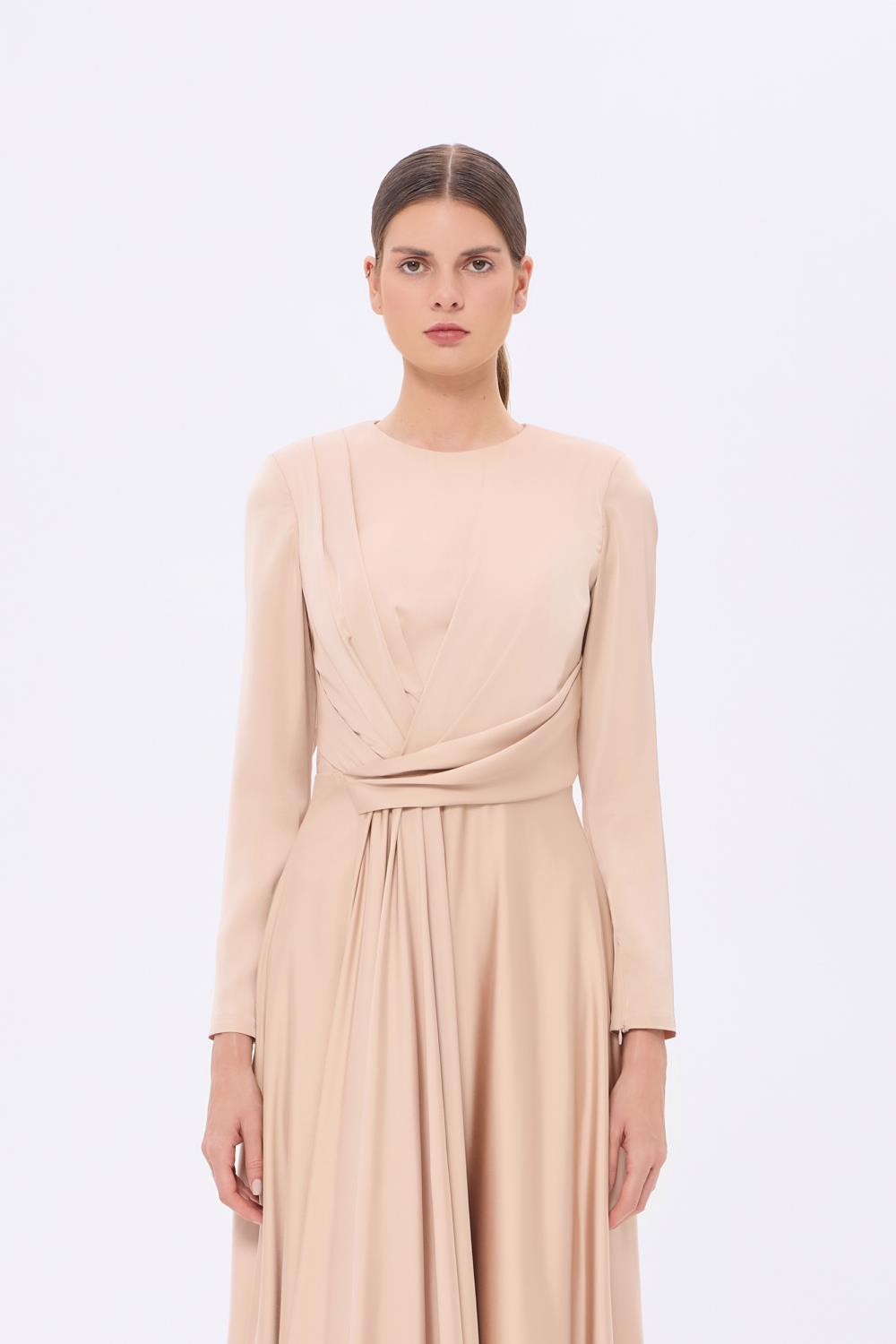 Bel Drape Detaylı Uzun Kollu Uzun Abiye Elbise - 9208C