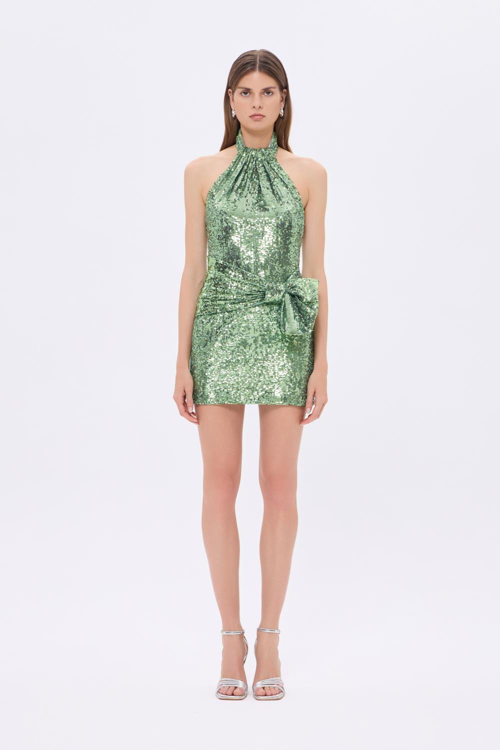 Bel Detaylı Boyundan Askılı Payet Mini Abiye Elbise - 9240C