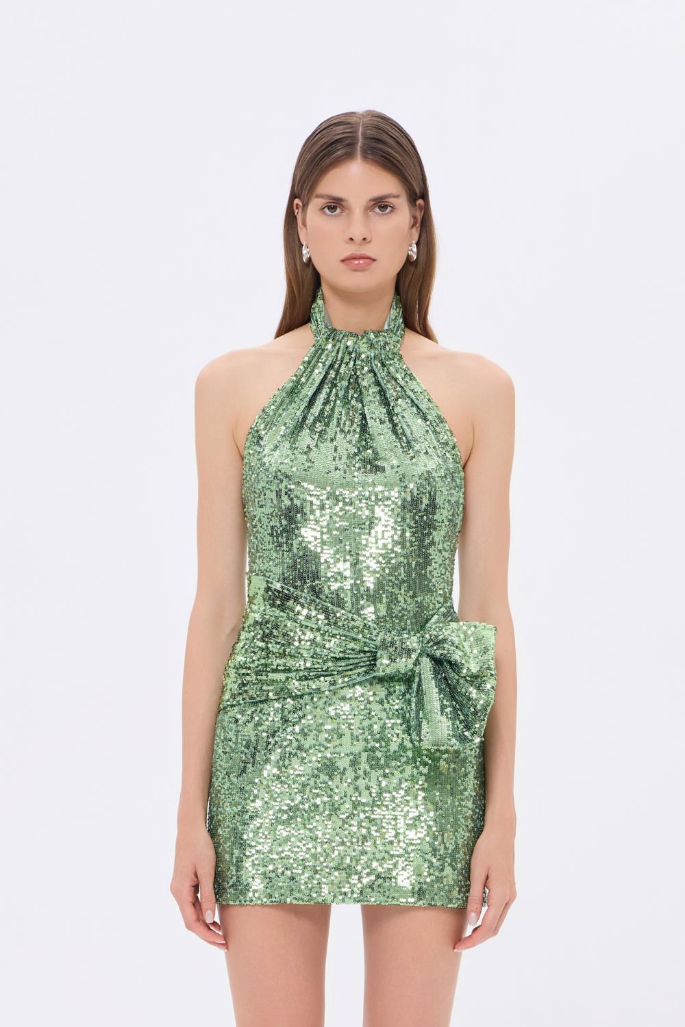 Bel Detaylı Boyundan Askılı Payet Mini Abiye Elbise - 9240C