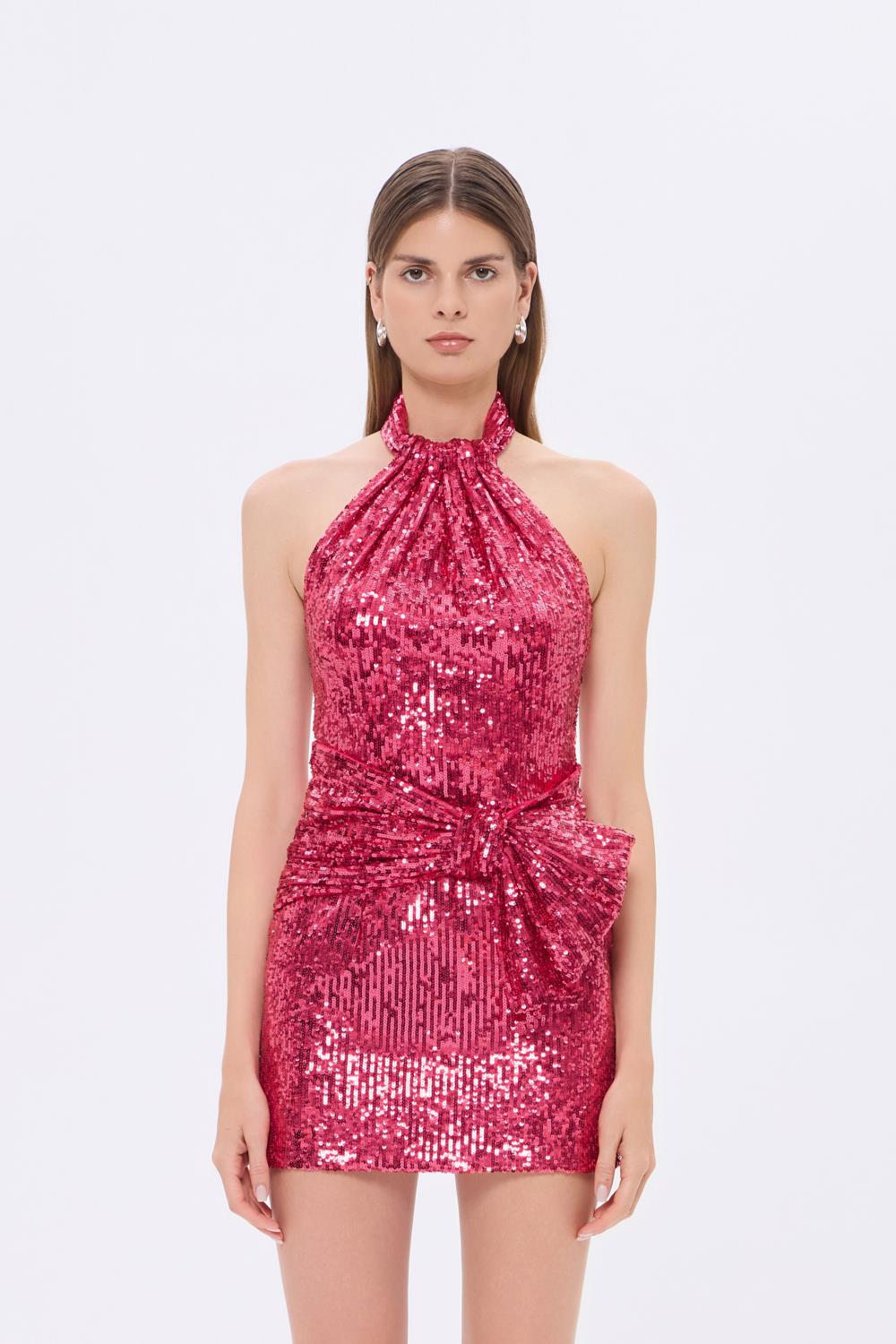 Bel Detaylı Boyundan Askılı Payet Mini Abiye Elbise - 9240C