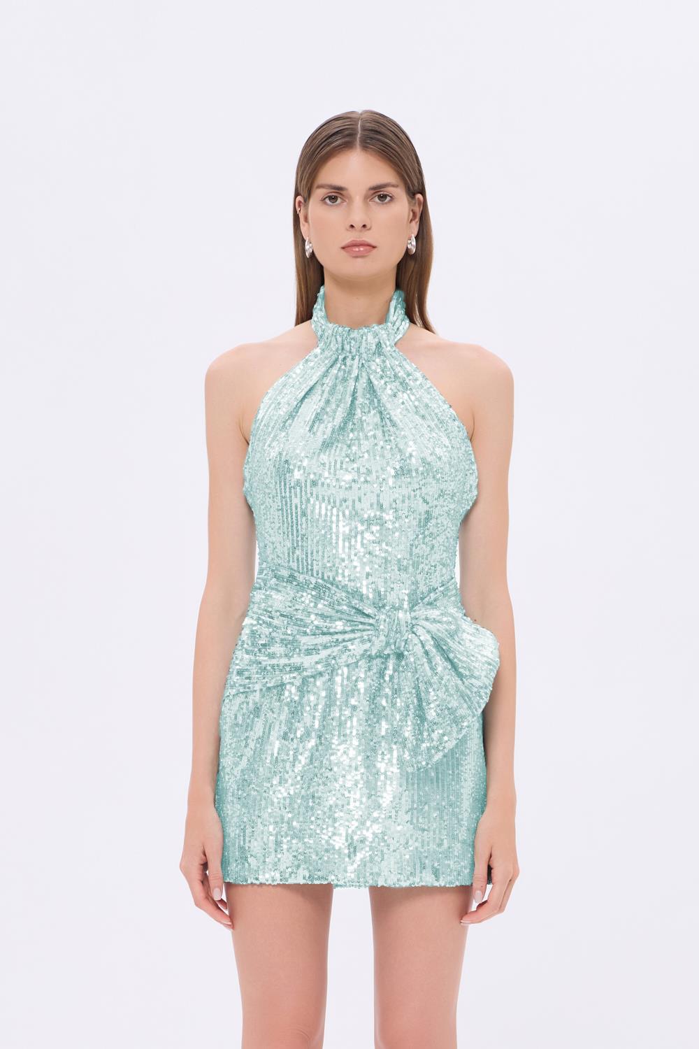 Bel Detaylı Boyundan Askılı Payet Mini Abiye Elbise - 9240C