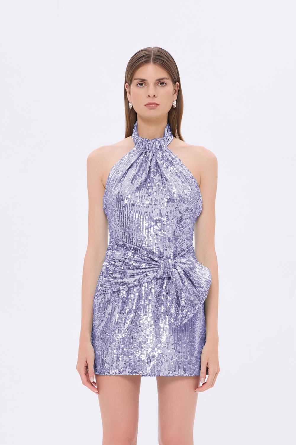 Bel Detaylı Boyundan Askılı Payet Mini Abiye Elbise - 9240C