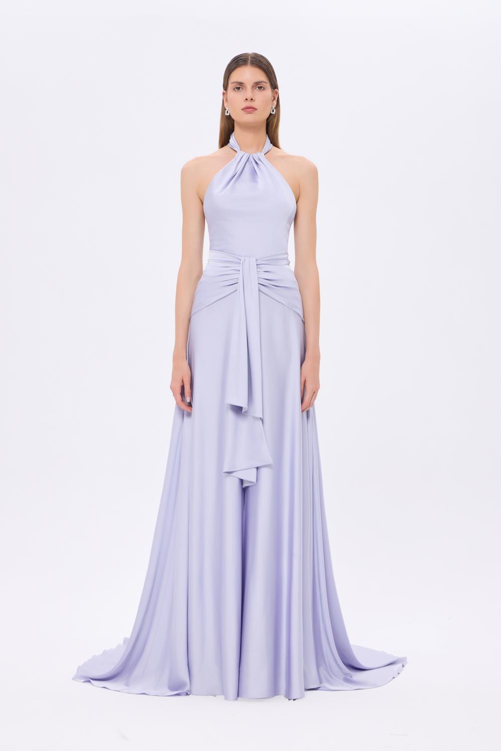 Boyundan Askılı Bel Drape Detaylı Uzun Abiye Elbise - 9253C